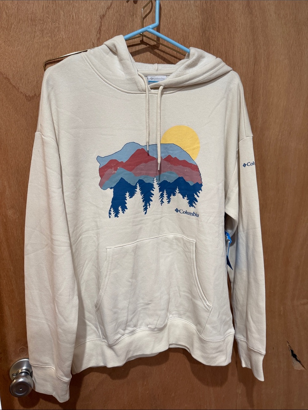 Columbia Cream Crewneck Hoodie with Multicolor Mountain Bear Graphic